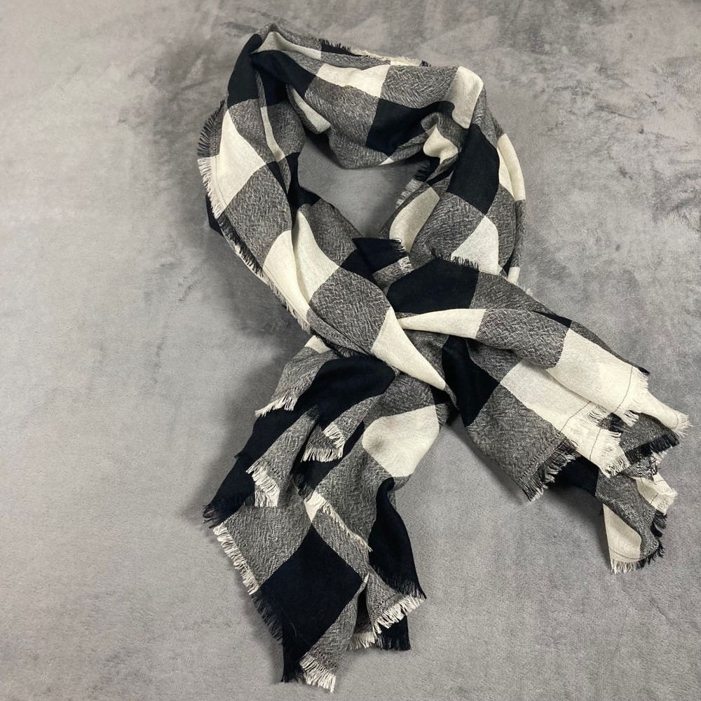 Talbots Black Ivory Buffalo Check 100% Wool Square Blanket Scarf 56x56 Fringe